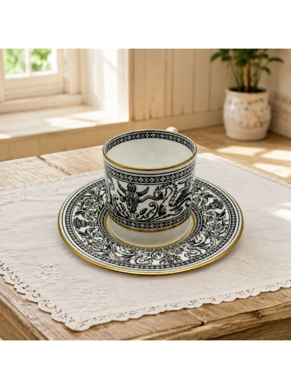 Wedgwood Demitasse Florentine Black & White Cup Saucer Vintage England